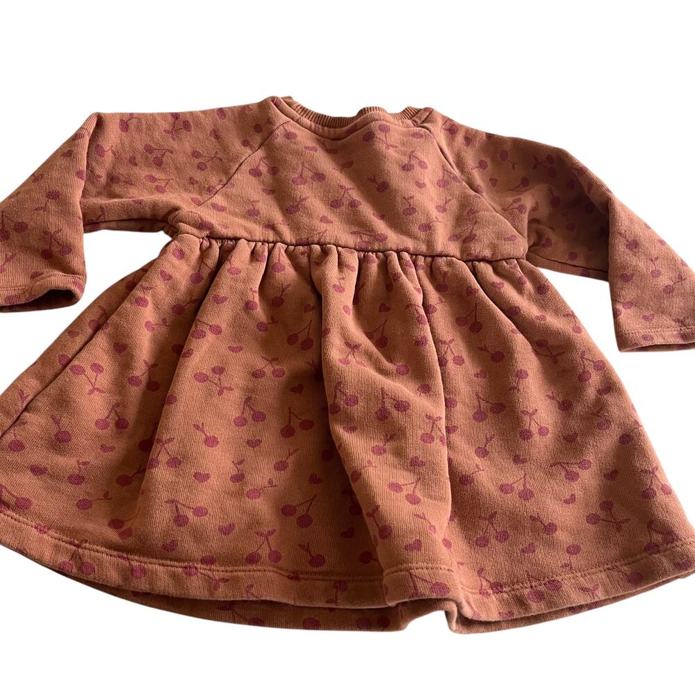 ZARA Girls Brown Red Cherries Sweatshirt Long Sleeve Dress size  3-4 - Picture 2 of 4
